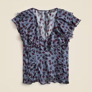 J. Crew Ruffled Chiffon Cap Sleeve Blouse Blue Grey with Cherry Print Size XS
